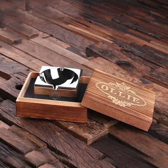 Personalised Engraved Polished Smoker’s Ashtray with Wood Box