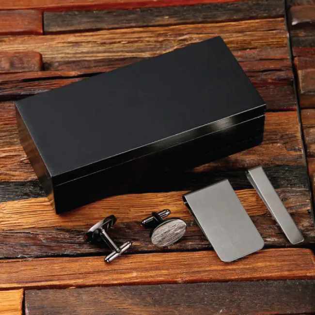 Personalized Ovoid Cufflink, Money Clip, And Tie Clip Box Set