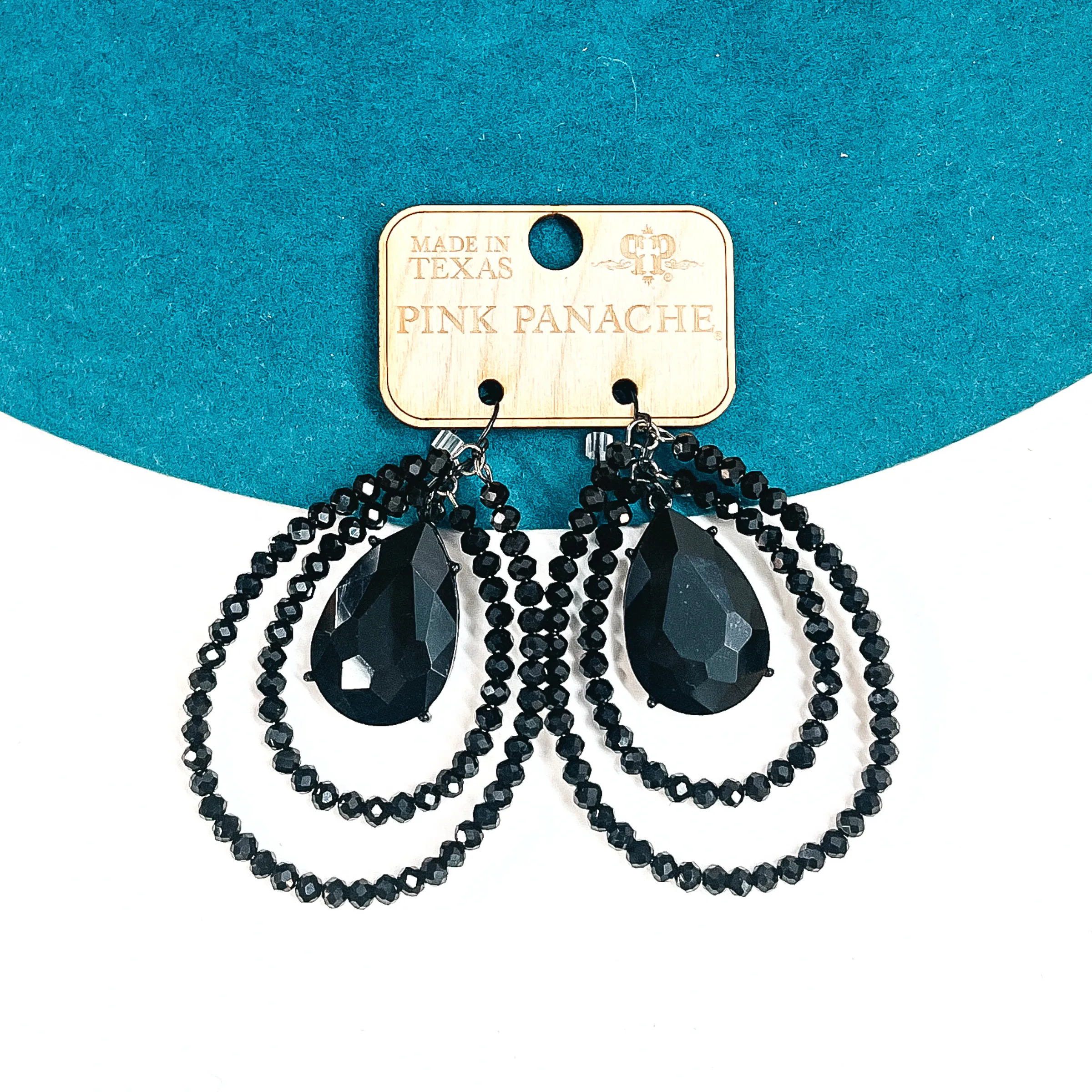 Pink Panache | Black Crystal Layered Beaded Teardrop Earrings with Black Teardrop Crystal