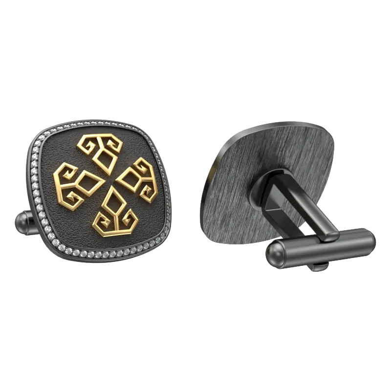 Power Luxe, Spiritual Cufflink Set with CZ Diamonds, 18kt Gold & Black Ruthenium Plating on Brass.