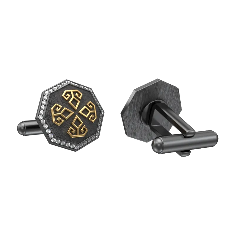 Power Luxe, Spiritual Cufflink Set with CZ Diamonds, 18kt Gold & Black Ruthenium Plating on Brass.