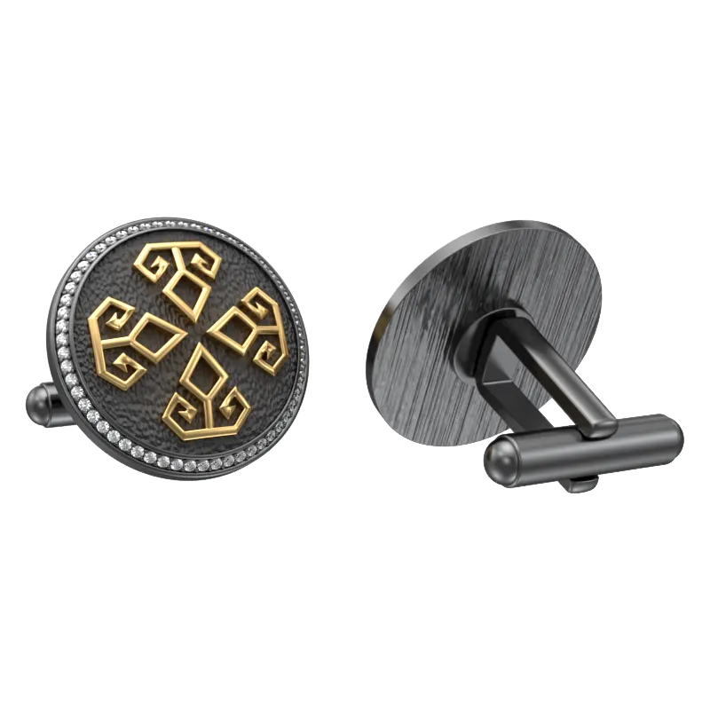 Power Luxe, Spiritual Cufflink Set with CZ Diamonds, 18kt Gold & Black Ruthenium Plating on Brass.