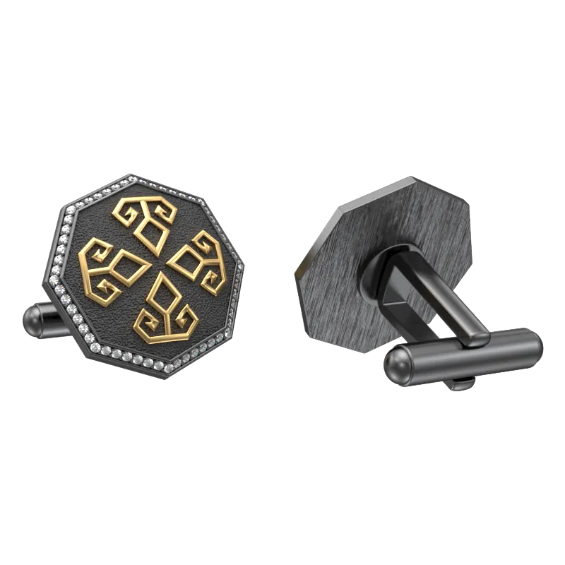 Power Luxe, Spiritual Cufflink Set with CZ Diamonds, 18kt Gold & Black Ruthenium Plating on Brass.