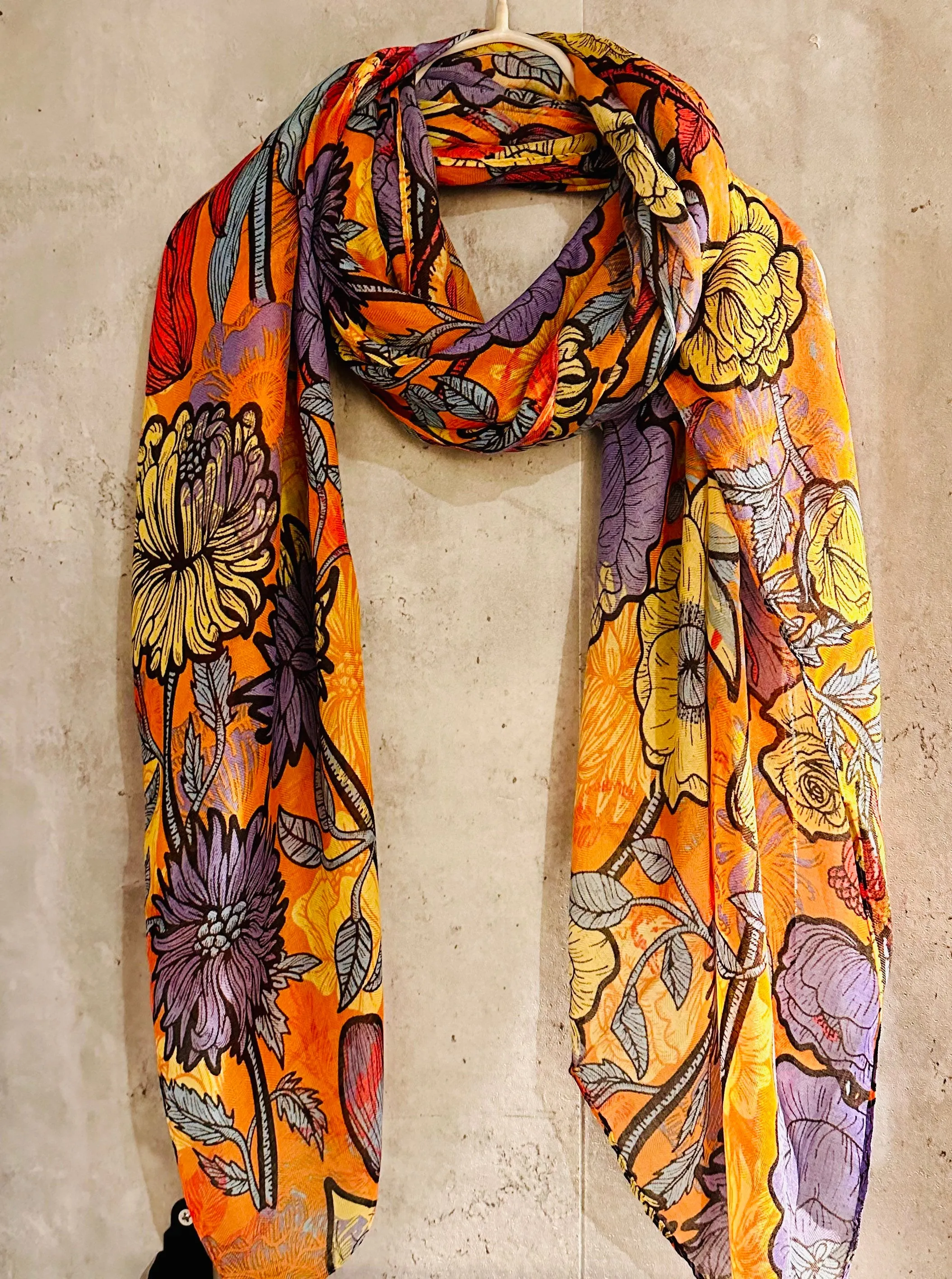 Purple Orange Organic Cotton Scarf with Sketched Flowers and Leaves – An Eco-Friendly Gift for Mom, Perfect for Birthday and Christmas Celebrations