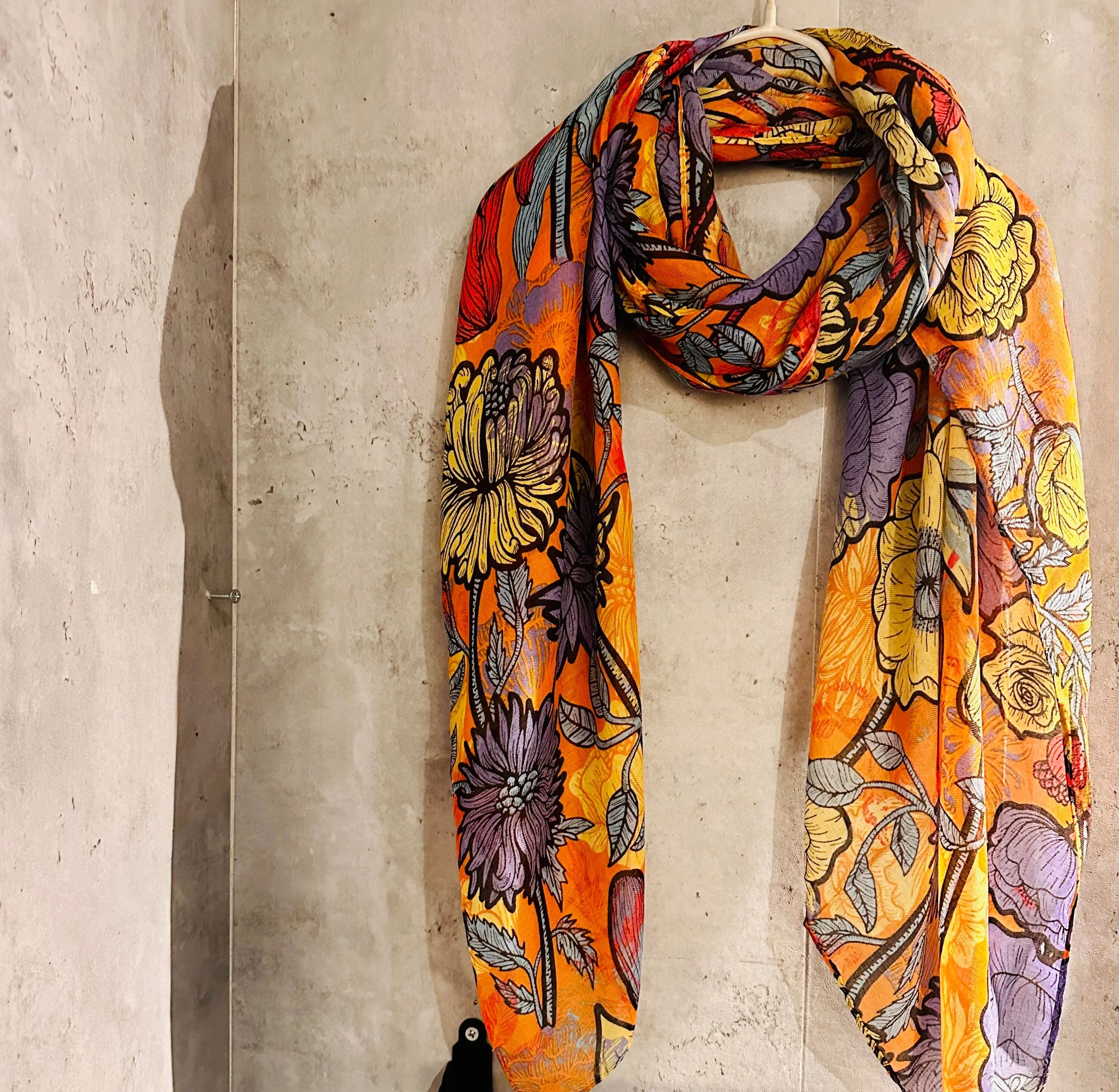 Purple Orange Organic Cotton Scarf with Sketched Flowers and Leaves – An Eco-Friendly Gift for Mom, Perfect for Birthday and Christmas Celebrations