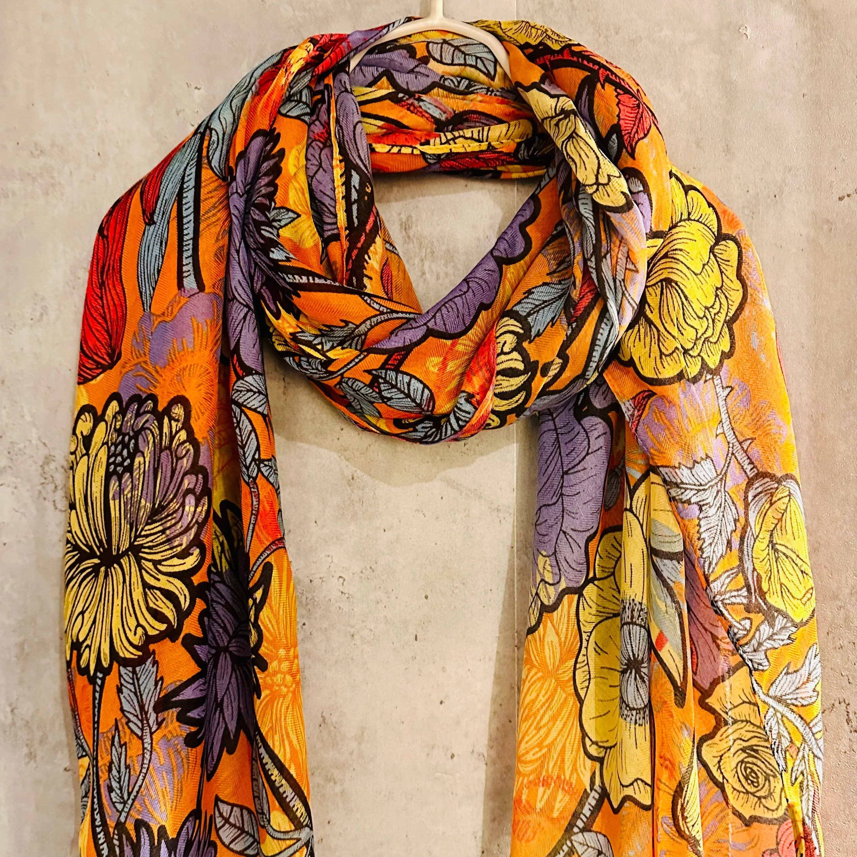Purple Orange Organic Cotton Scarf with Sketched Flowers and Leaves – An Eco-Friendly Gift for Mom, Perfect for Birthday and Christmas Celebrations