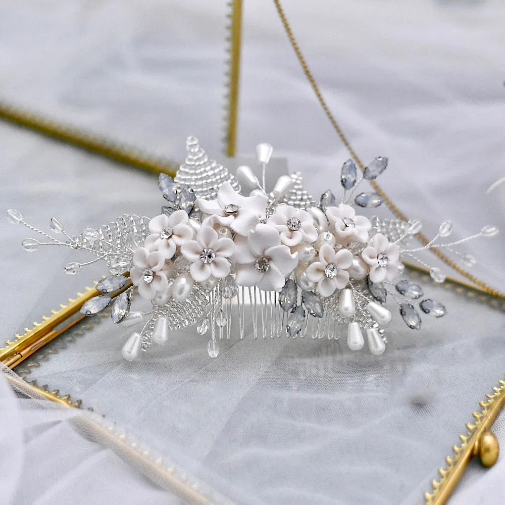 "Yolanda" - Ceramic Flowers and Opal Bridal Hair Comb