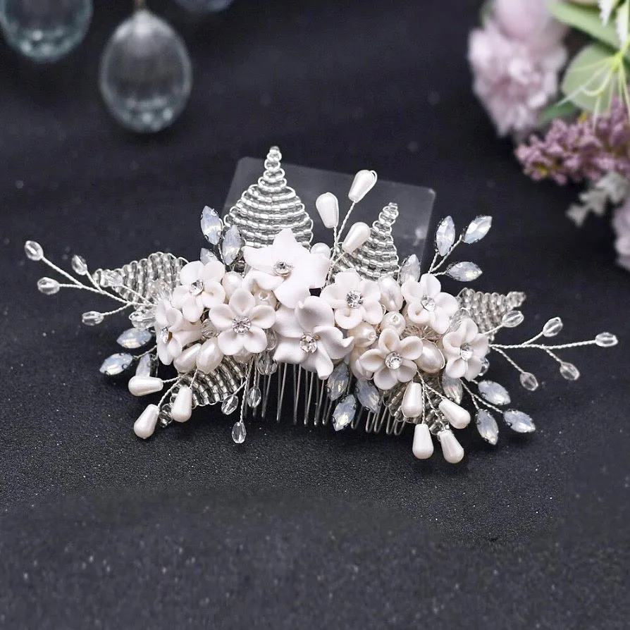 "Yolanda" - Ceramic Flowers and Opal Bridal Hair Comb