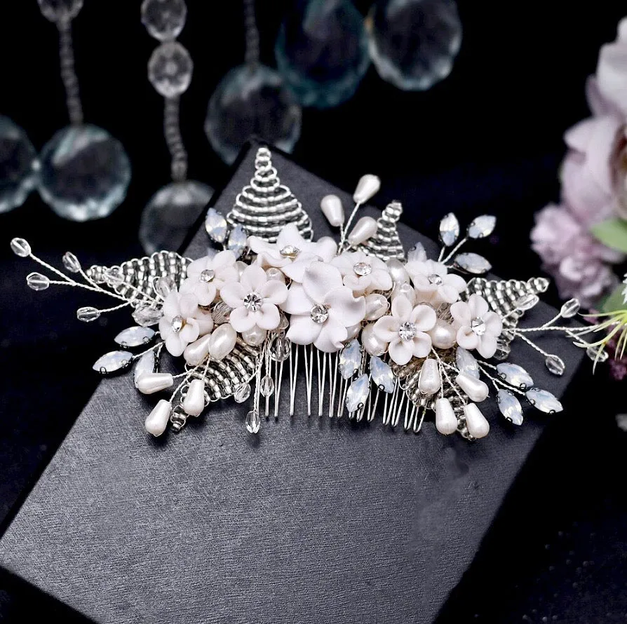 "Yolanda" - Ceramic Flowers and Opal Bridal Hair Comb