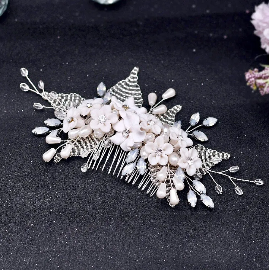 "Yolanda" - Ceramic Flowers and Opal Bridal Hair Comb