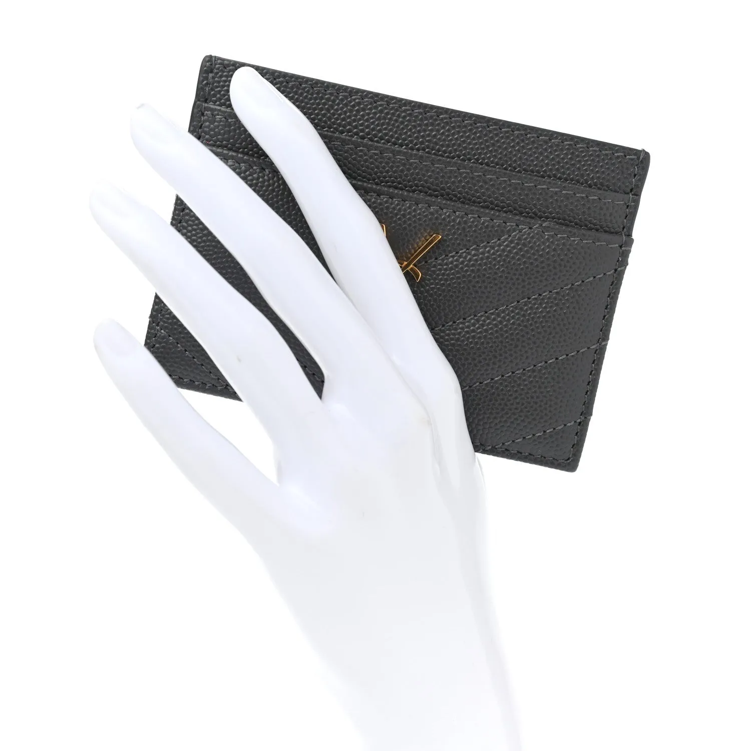 Saint Laurent Storm Grey Grain De Poudre Monogram Card Holder 423294