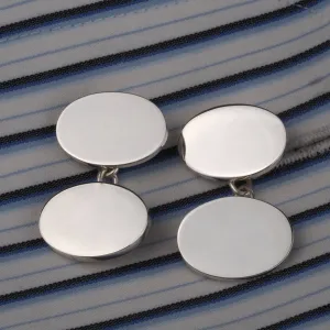 Silver Double Plain Oval Chain Cufflinks - Hand Engraved Crest and Initials