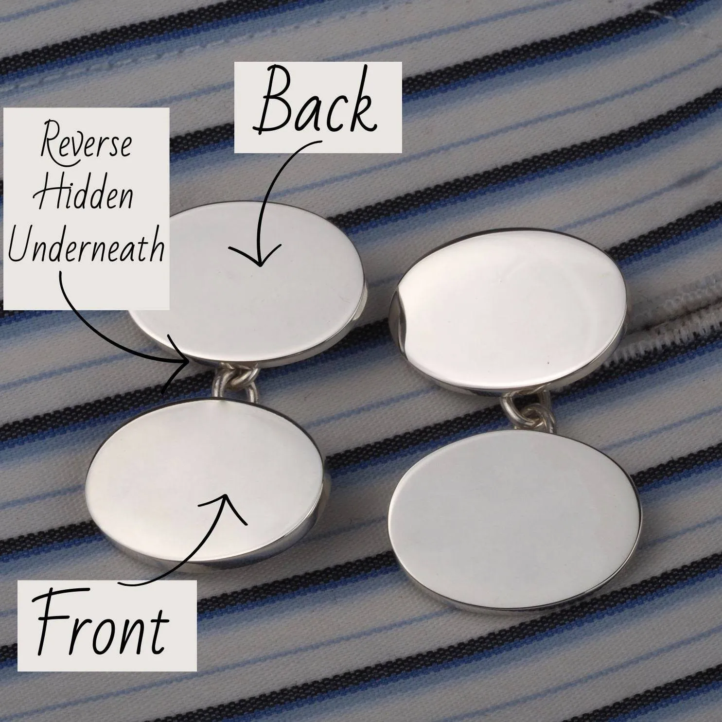Silver Double Plain Oval Chain Cufflinks - Hand Engraved Crest and Initials