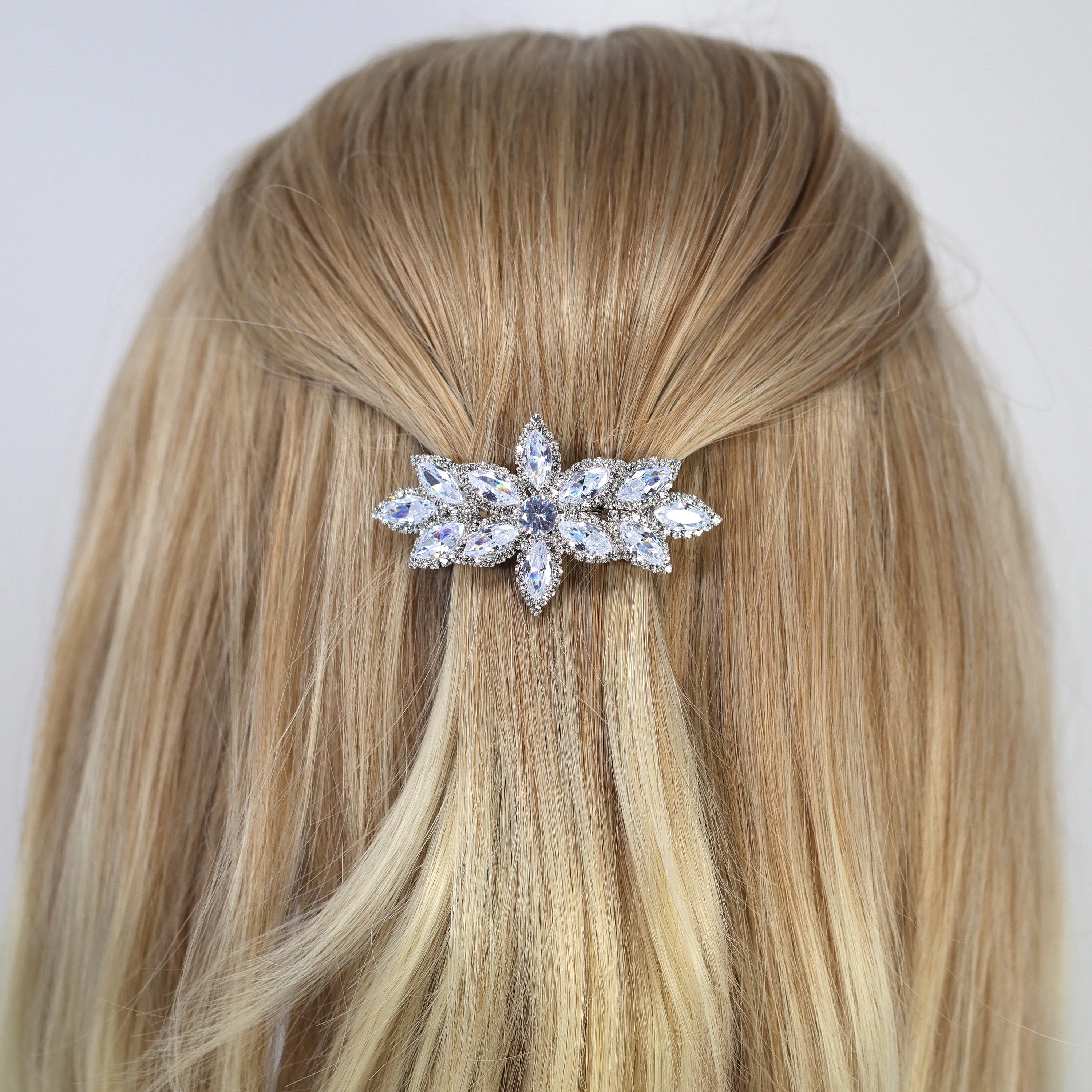 Silver Floral  CZ And Rhinestone French Hair Clip, Bridal Hair Accessories, Bridesmaid Gift, Wedding Hair Accessory, Bridal Peach Hair Clip