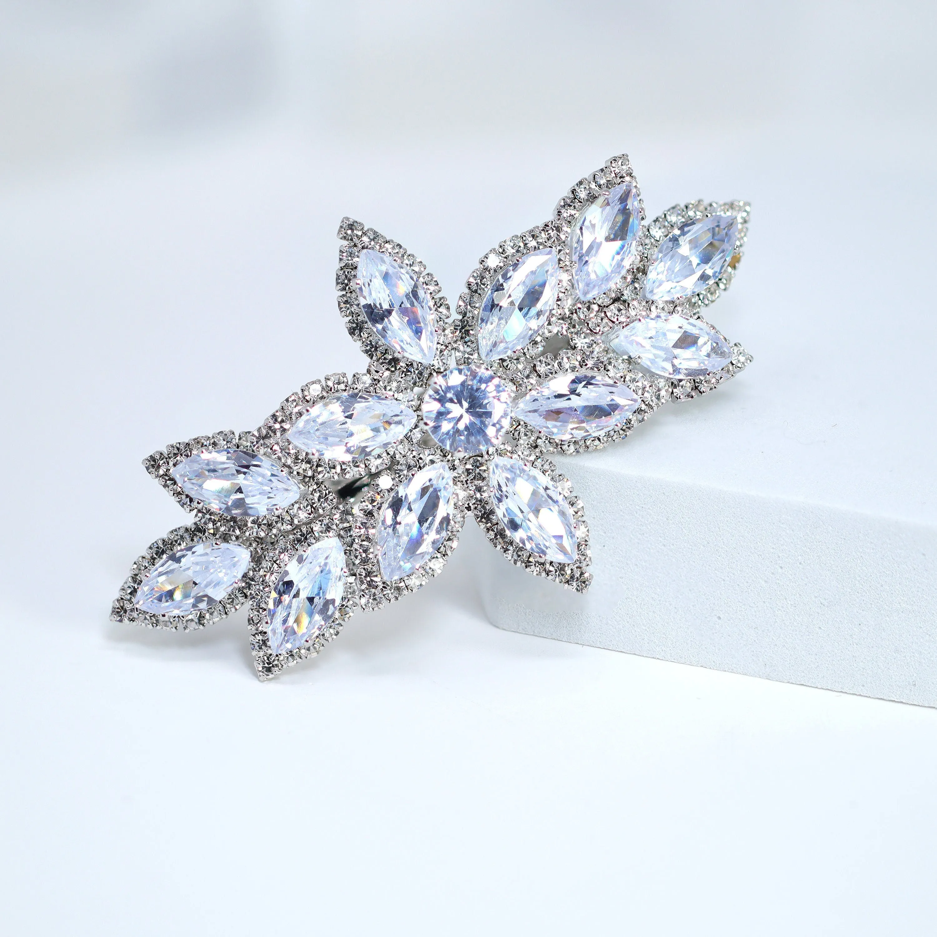 Silver Floral  CZ And Rhinestone French Hair Clip, Bridal Hair Accessories, Bridesmaid Gift, Wedding Hair Accessory, Bridal Peach Hair Clip