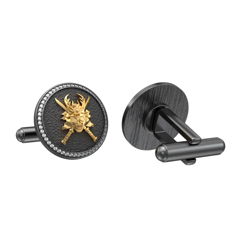 Skull King Luxe, Edgy Cufflink Set with CZ Diamonds, 18kt Gold & Black Ruthenium Plating on Brass.