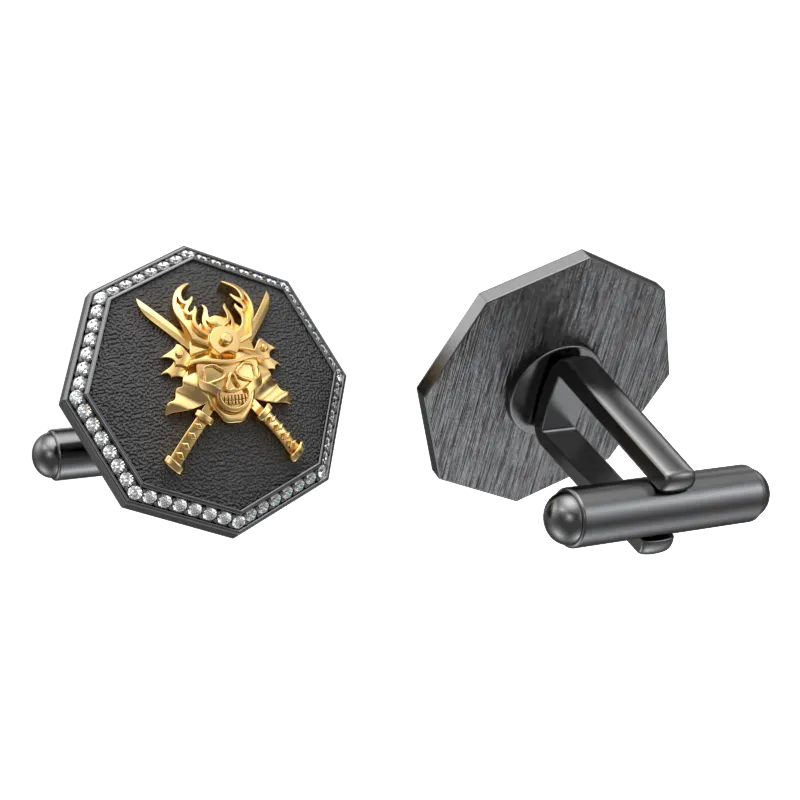 Skull King Luxe, Edgy Cufflink Set with CZ Diamonds, 18kt Gold & Black Ruthenium Plating on Brass.
