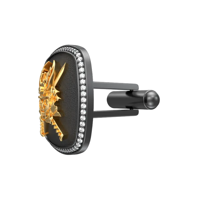 Skull King Luxe, Edgy Cufflink Set with CZ Diamonds, 18kt Gold & Black Ruthenium Plating on Brass.