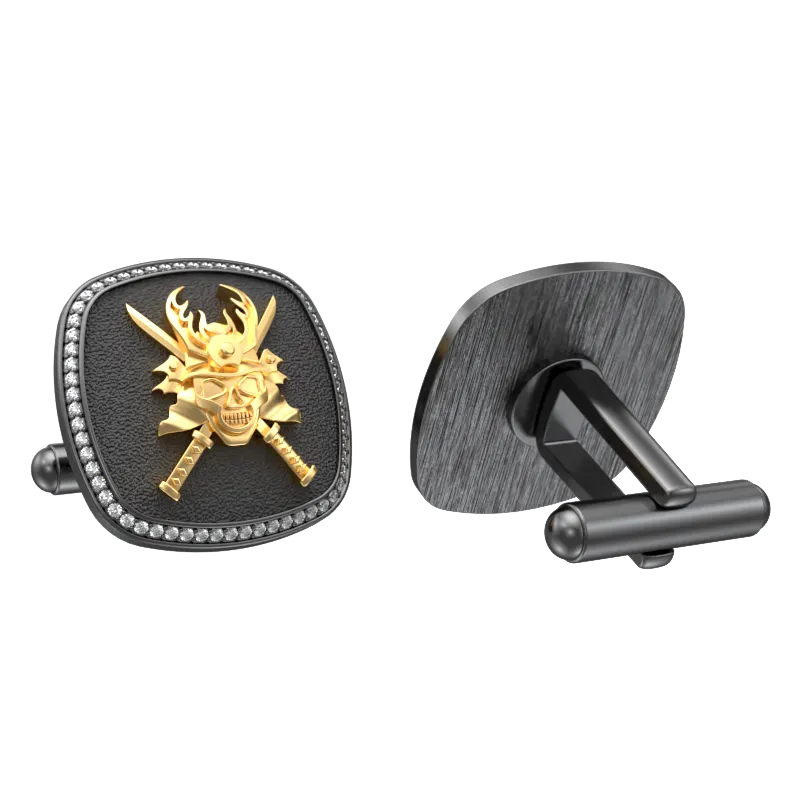 Skull King Luxe, Edgy Cufflink Set with CZ Diamonds, 18kt Gold & Black Ruthenium Plating on Brass.