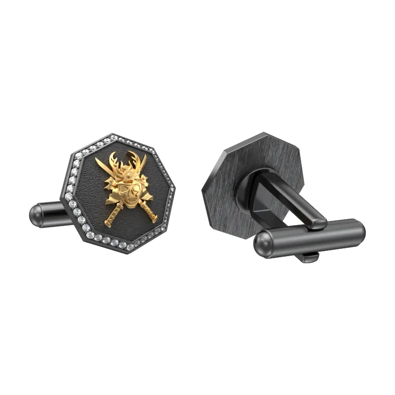 Skull King Luxe, Edgy Cufflink Set with CZ Diamonds, 18kt Gold & Black Ruthenium Plating on Brass.