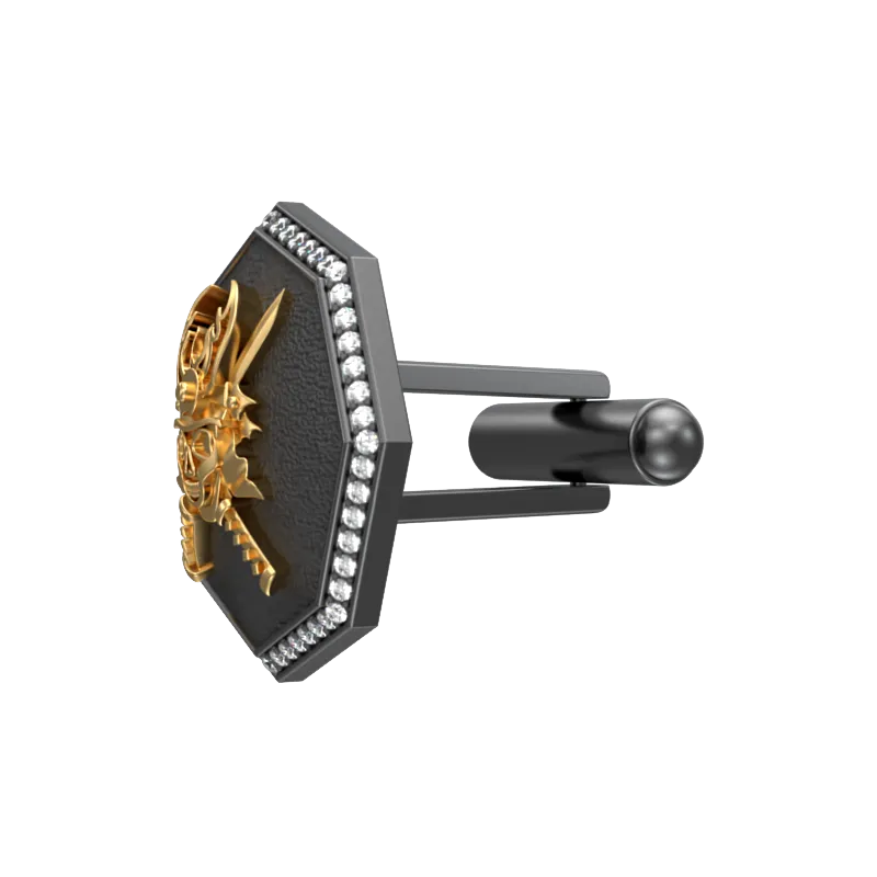 Skull King Luxe, Edgy Cufflink Set with CZ Diamonds, 18kt Gold & Black Ruthenium Plating on Brass.