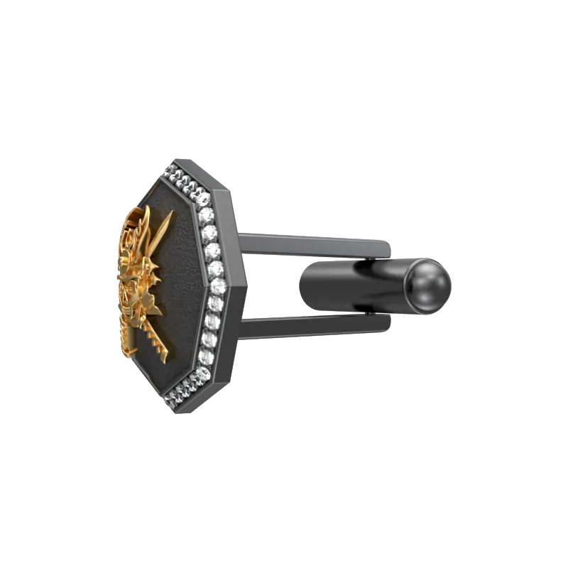 Skull King Luxe, Edgy Cufflink Set with CZ Diamonds, 18kt Gold & Black Ruthenium Plating on Brass.
