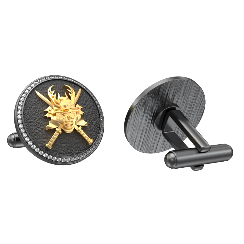 Skull King Luxe, Edgy Cufflink Set with CZ Diamonds, 18kt Gold & Black Ruthenium Plating on Brass.