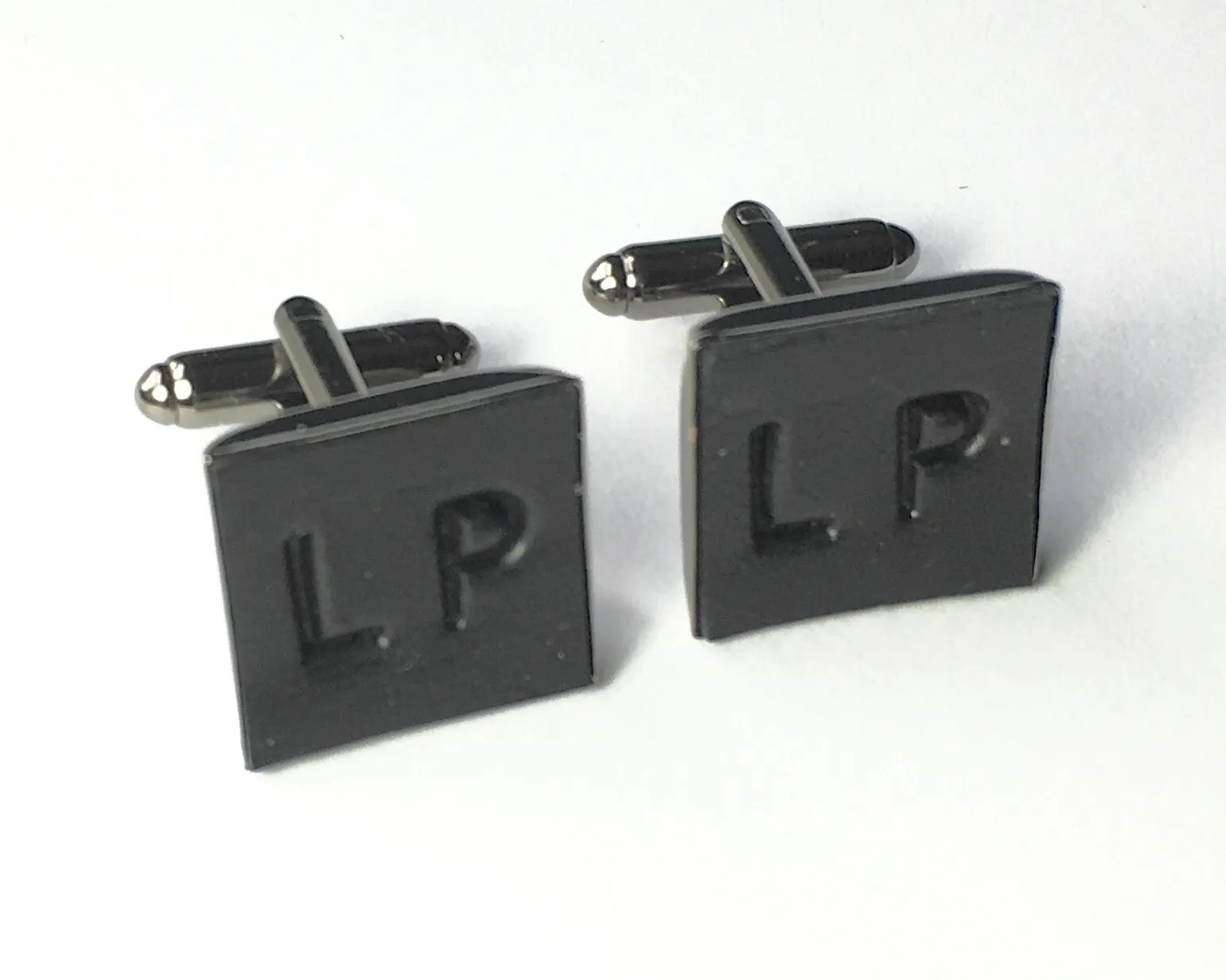 Square Cufflinks Black Leather Cufflinks on Gunmetal metal backs