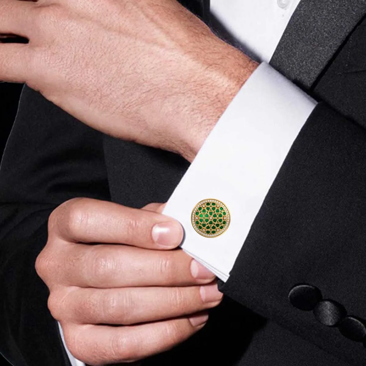 Starburst Luxe, Classic Cufflink Set with CZ Diamonds, 18kt Gold Plating and Enamel on Brass.