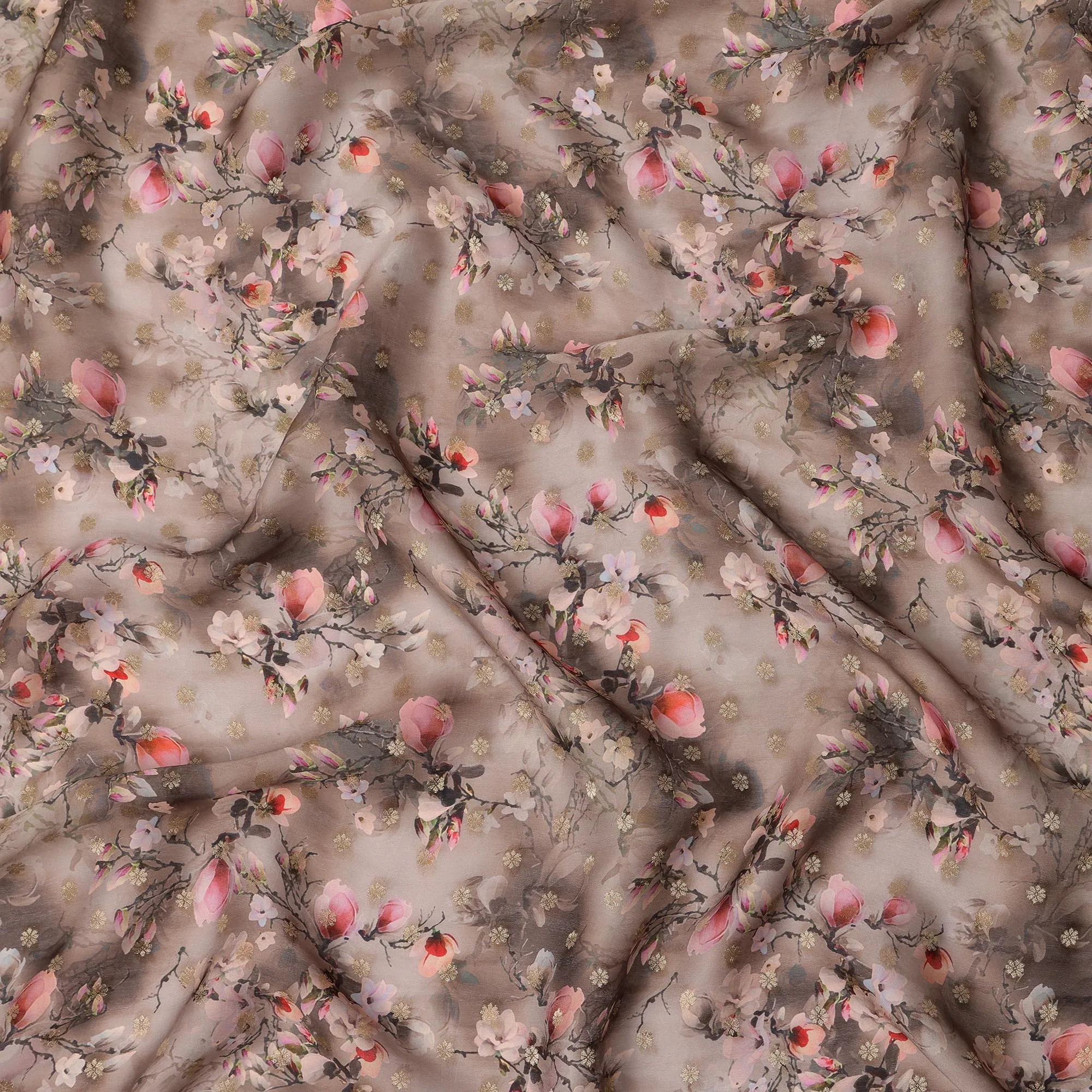 Taupe Floral Synthetic Organza Satin Fabric, 110 cm Wide, Made in India-D20980