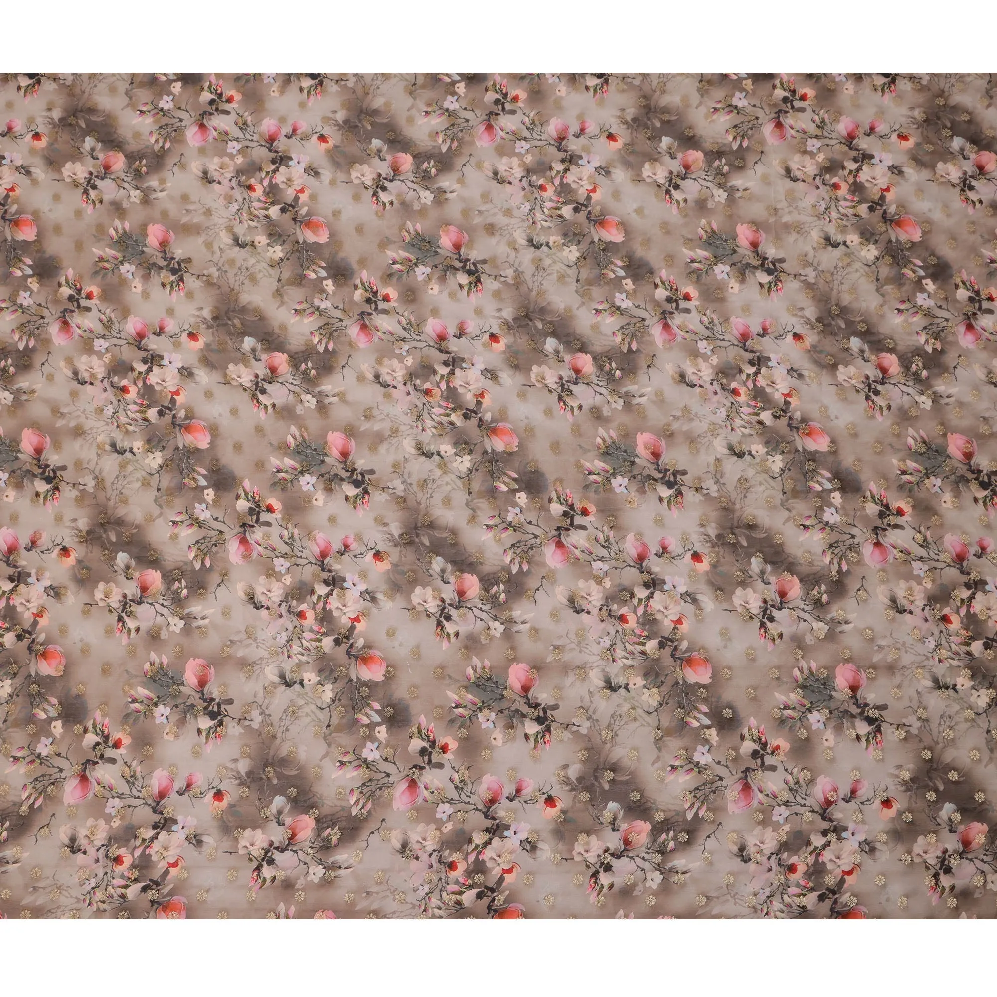 Taupe Floral Synthetic Organza Satin Fabric, 110 cm Wide, Made in India-D20980