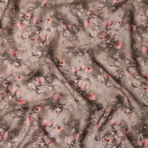 Taupe Floral Synthetic Organza Satin Fabric, 110 cm Wide, Made in India-D20980