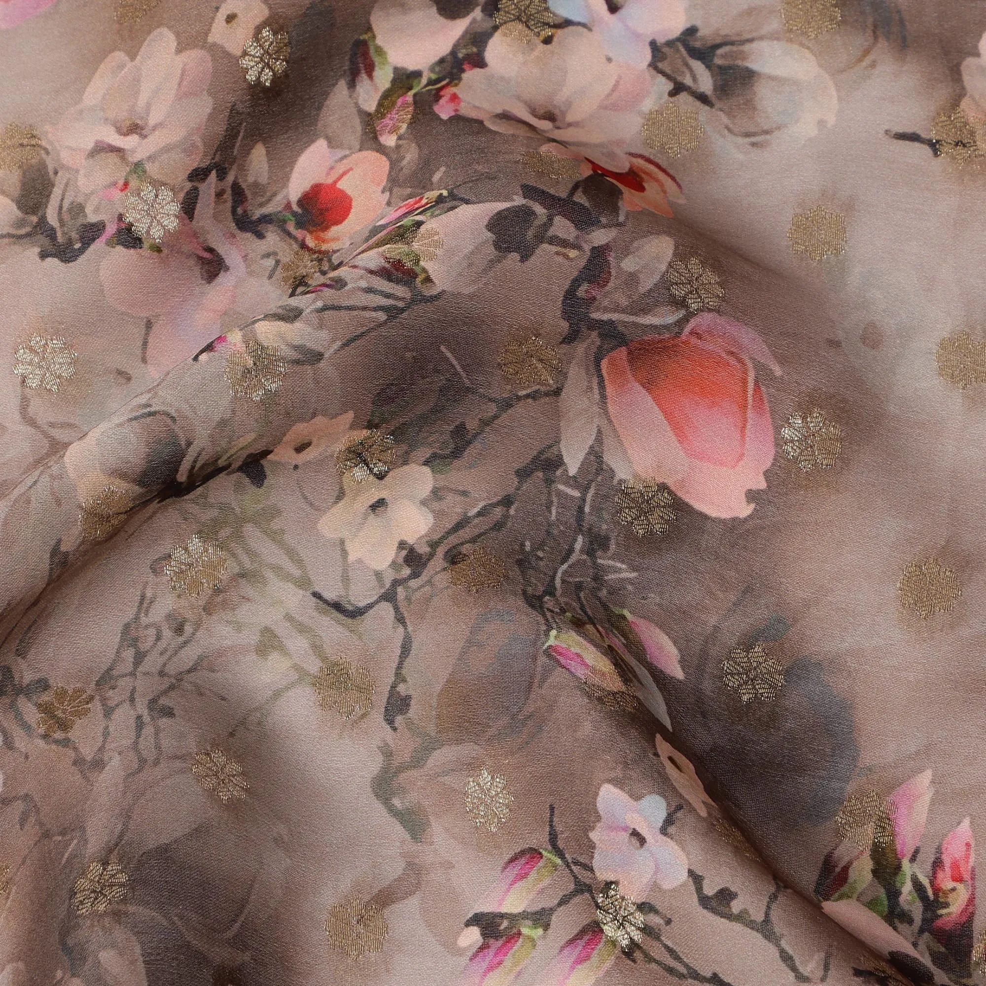 Taupe Floral Synthetic Organza Satin Fabric, 110 cm Wide, Made in India-D20980