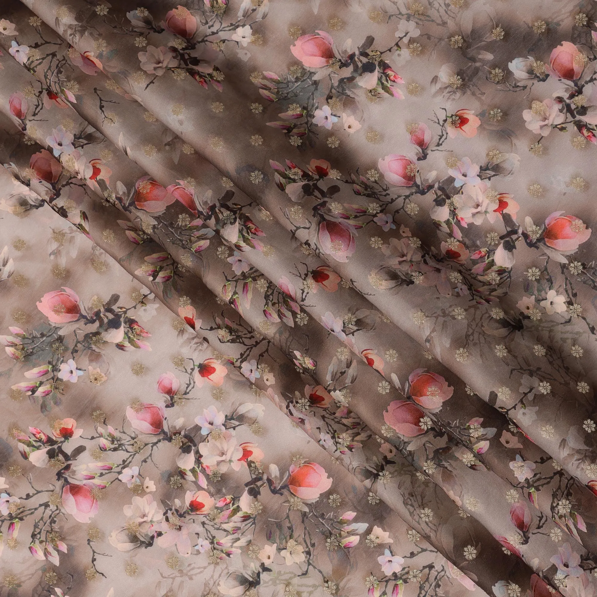 Taupe Floral Synthetic Organza Satin Fabric, 110 cm Wide, Made in India-D20980