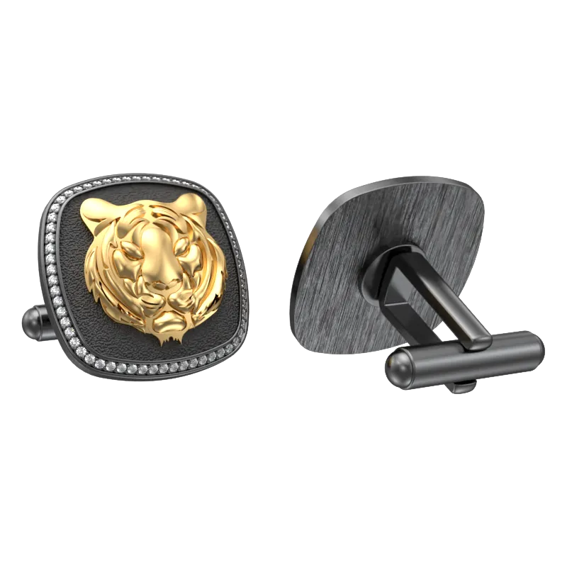 Tiger Luxe, Wild Cufflink Set with CZ Diamonds, 18kt Gold & Black Ruthenium Plating on Brass.