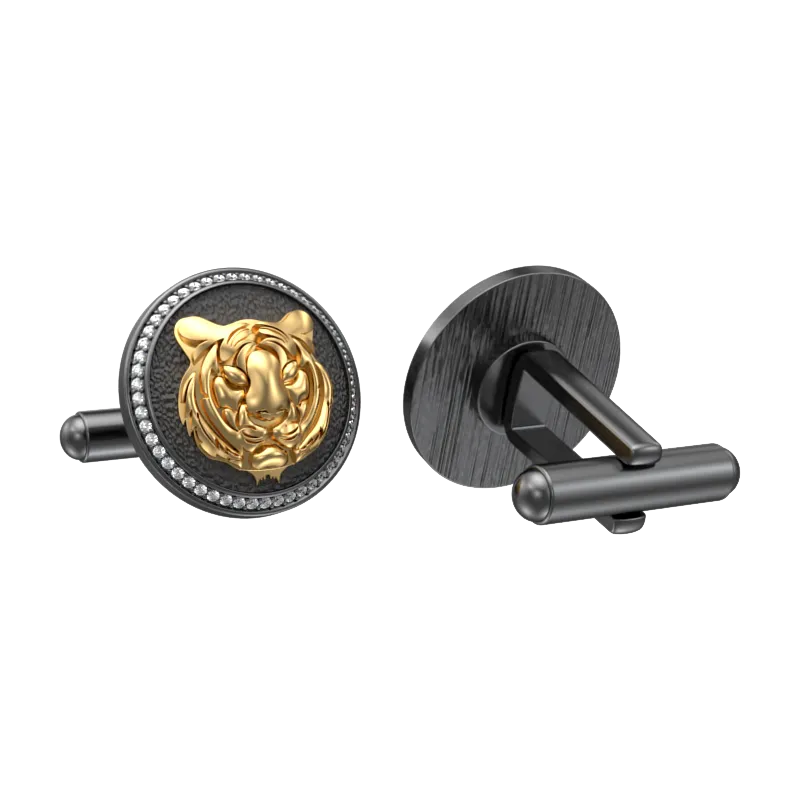 Tiger Luxe, Wild Cufflink Set with CZ Diamonds, 18kt Gold & Black Ruthenium Plating on Brass.