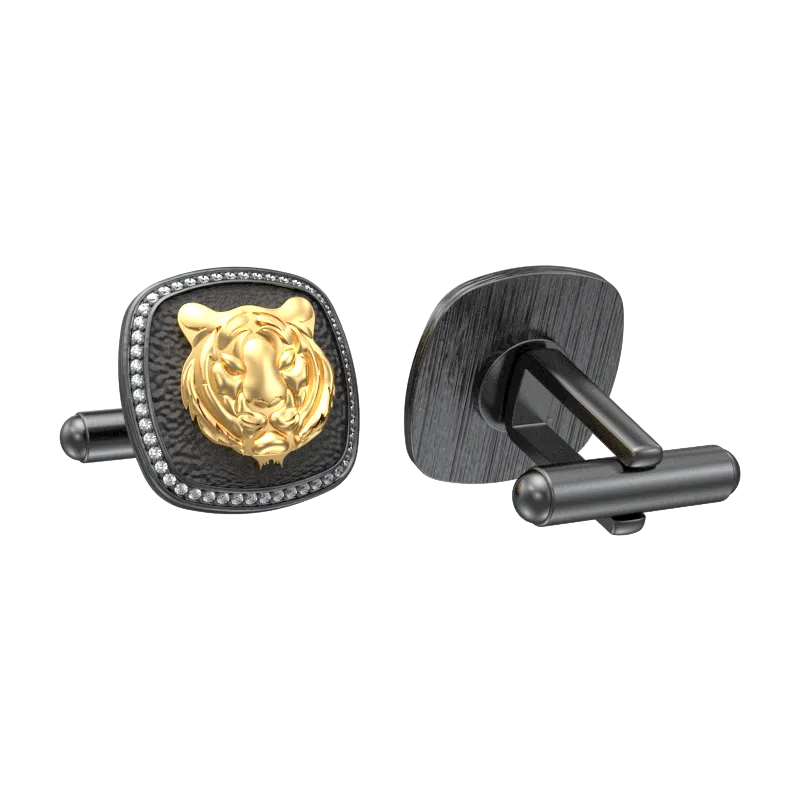 Tiger Luxe, Wild Cufflink Set with CZ Diamonds, 18kt Gold & Black Ruthenium Plating on Brass.
