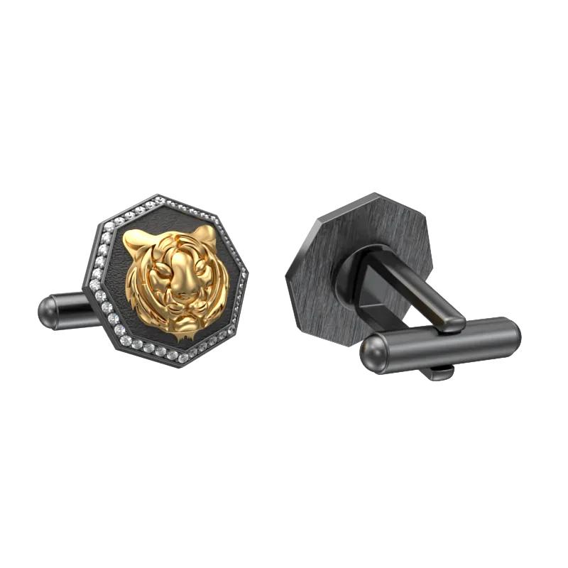 Tiger Luxe, Wild Cufflink Set with CZ Diamonds, 18kt Gold & Black Ruthenium Plating on Brass.