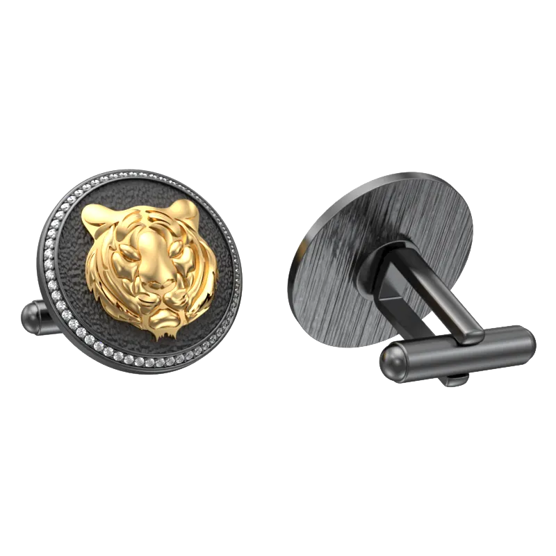 Tiger Luxe, Wild Cufflink Set with CZ Diamonds, 18kt Gold & Black Ruthenium Plating on Brass.