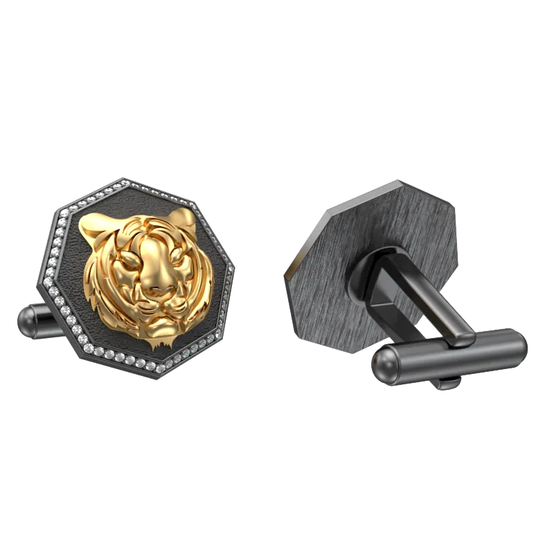 Tiger Luxe, Wild Cufflink Set with CZ Diamonds, 18kt Gold & Black Ruthenium Plating on Brass.