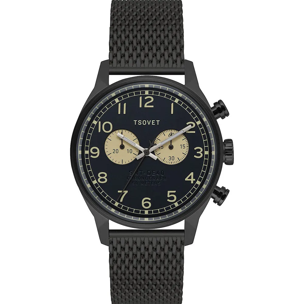 Tsovet Mens Stainless Steel Case Mesh Bracelet Black Dial Black Watch - DE331003-43