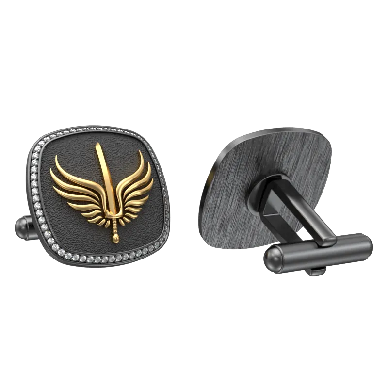Viking Sword Luxe, Edgy Cufflink Set with CZ Diamonds, 18kt Gold & Black Ruthenium Plating on Brass.