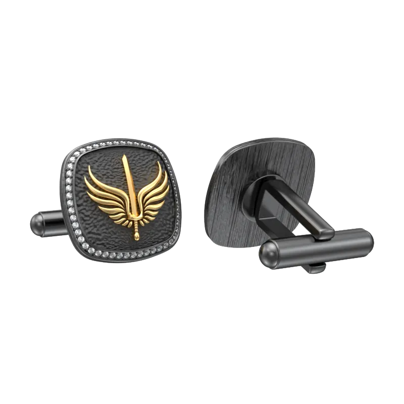 Viking Sword Luxe, Edgy Cufflink Set with CZ Diamonds, 18kt Gold & Black Ruthenium Plating on Brass.