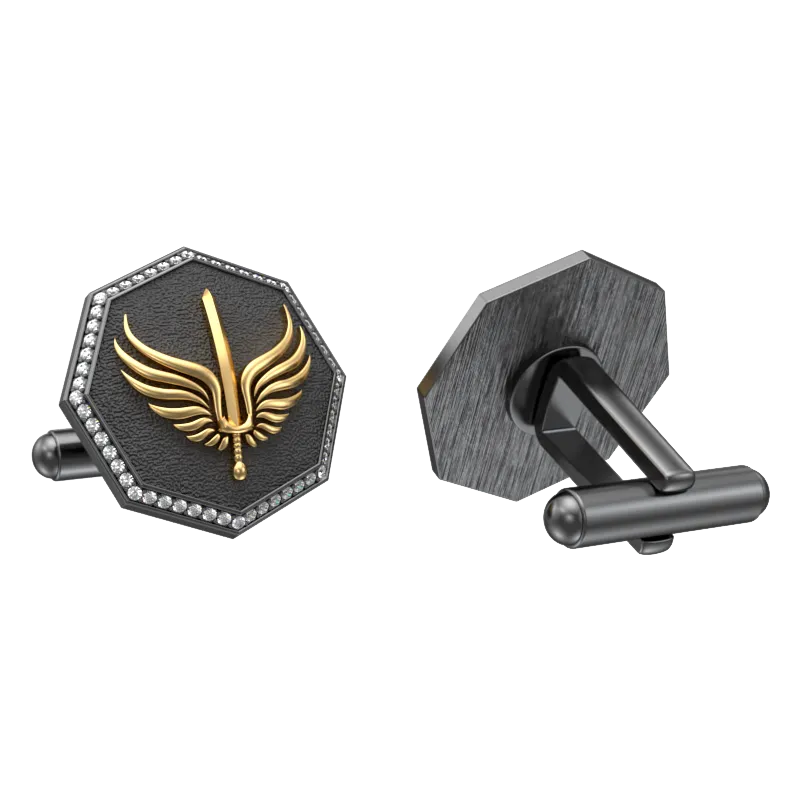 Viking Sword Luxe, Edgy Cufflink Set with CZ Diamonds, 18kt Gold & Black Ruthenium Plating on Brass.