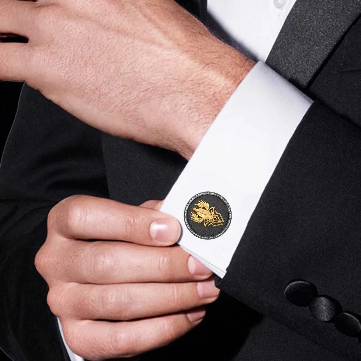 Warrior Luxe, Edgy Cufflink Set with CZ Diamonds, 18kt Gold & Black Ruthenium Plating on Brass.