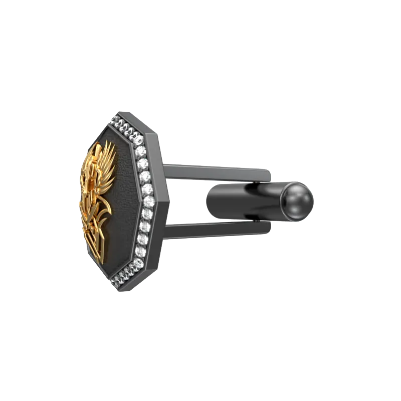 Warrior Luxe, Edgy Cufflink Set with CZ Diamonds, 18kt Gold & Black Ruthenium Plating on Brass.