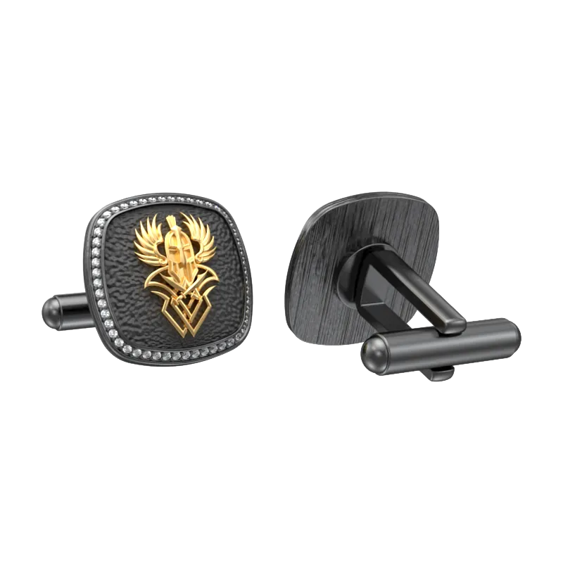 Warrior Luxe, Edgy Cufflink Set with CZ Diamonds, 18kt Gold & Black Ruthenium Plating on Brass.