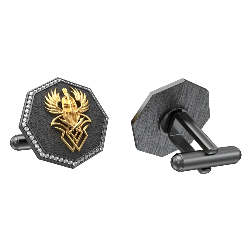 Warrior Luxe, Edgy Cufflink Set with CZ Diamonds, 18kt Gold & Black Ruthenium Plating on Brass.