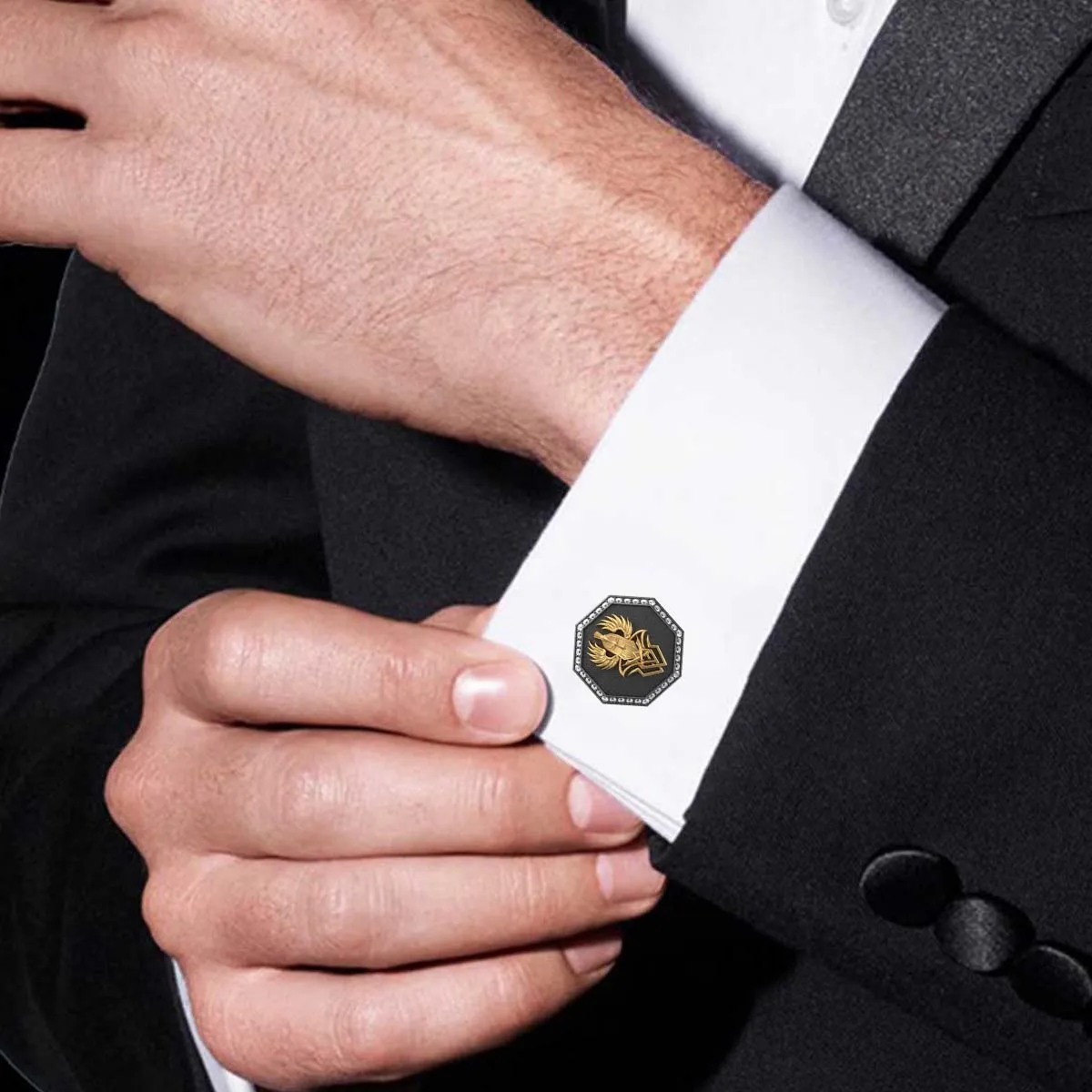 Warrior Luxe, Edgy Cufflink Set with CZ Diamonds, 18kt Gold & Black Ruthenium Plating on Brass.