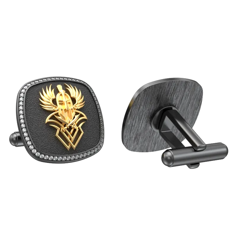 Warrior Luxe, Edgy Cufflink Set with CZ Diamonds, 18kt Gold & Black Ruthenium Plating on Brass.
